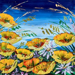 Yellow Poppies by Maya - Original Painting on Stretched Canvas sized 16x16 inches. Available from Whitewall Galleries